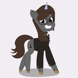 Size: 2500x2500 | Tagged: safe, artist:nihithebrony, imported from derpibooru, oc, oc only, oc:sonata, pony, unicorn, brown eyes, brown hair, clothes, elements of justice, female, g5, glasses, high res, looking at you, mare, my little pony: tell your tale, simple background, smiling, smiling at you, style emulation, suit, turnabout storm, unshorn fetlocks, white background
