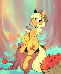 Size: 2467x3000 | Tagged: safe, artist:urbanqhoul, imported from derpibooru, applejack, earth pony, pony, apple, eating, female, food, grass, ice cream, looking at you, sitting, solo, tree stump