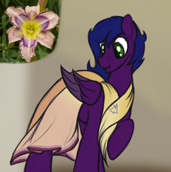 Size: 1346x1350 | Tagged: safe, artist:ahorseofcourse, imported from derpibooru, oc, oc only, oc:midnight lily, pegasus, pony, clothes, dress, female, flower, mare, solo