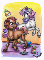 Size: 2481x3386 | Tagged: safe, artist:lupiarts, imported from derpibooru, button mash, sweetie belle, pony, unicorn, ball, blocks, blushing, colored, colorful, cute, duo, female, happy, male, romance, shipping, straight, sweetiemash, traditional art