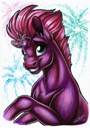 Size: 2485x3533 | Tagged: safe, artist:lupiarts, imported from derpibooru, fizzlepop berrytwist, tempest shadow, pony, unicorn, broken horn, colored, colorful, cute, female, fireworks, horn, looking at you, magic, smiling, solo, sparking horn, traditional art