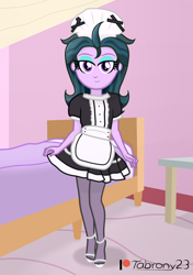 Size: 1226x1743 | Tagged: safe, artist:tabrony23, imported from derpibooru, zephyr, human, equestria girls, bed, clothes, commission, costume, female, maid, patreon, patreon logo, shoes, socks, solo, thigh highs