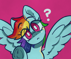 Size: 3000x2500 | Tagged: safe, artist:goshhhh, imported from derpibooru, rainbow dash, pegasus, pony, :<, bust, colored pupils, curious, cute, dashabetes, ear fluff, eye clipping through hair, female, frog (hoof), head tilt, heart, high res, looking at you, mare, pink background, portrait, question mark, signature, simple background, solo, spread wings, underhoof, wings