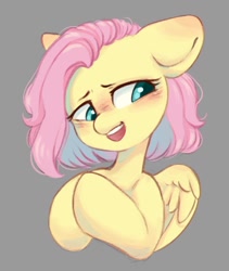 Size: 878x1039 | Tagged: safe, artist:melodylibris, imported from derpibooru, fluttershy, pegasus, pony, alternate hairstyle, big ears, blushing, bust, cute, female, floppy ears, gray background, hooves together, looking away, mare, open mouth, open smile, short hair, short mane, shyabetes, simple background, smiling, solo, wings