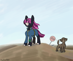 Size: 1300x1100 | Tagged: safe, artist:buy_some_apples, imported from derpibooru, oc, dog, pony, unicorn, fallout equestria, clothes, jumpsuit, pipbuck, sketch, solo, stop sign, vault suit