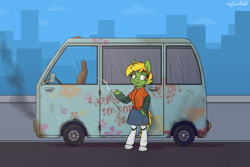 Size: 3000x2000 | Tagged: safe, artist:buy_some_apples, imported from derpibooru, oc, earth pony, pony, amputee, car, city, clothes, prosthetic leg, prosthetic limb, prosthetics, smoking, solo