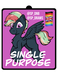 Size: 1176x1463 | Tagged: safe, artist:single purpose, imported from derpibooru, oc, oc only, oc:treading step, pegasus, badge, con badge, gay pride flag, looking at you, pride, pride flag, slim, solo