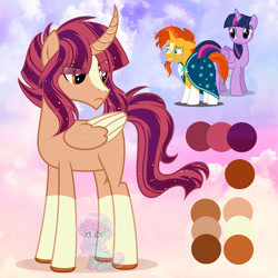 Size: 1280x1280 | Tagged: safe, artist:shiee-artopia223, imported from derpibooru, sunburst, twilight sparkle, oc, alicorn, pony, alicorn oc, base used, clothes, coat markings, colored wings, ethereal mane, eyelashes, female, frown, fusion, horn, mare, smiling, socks (coat markings), starry mane, twilight sparkle (alicorn), two toned wings, wings