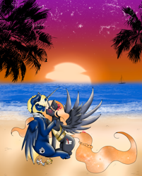 Size: 1980x2462 | Tagged: safe, artist:niniibear, imported from derpibooru, oc, oc only, pony, beach, duo, eyelashes, female, mare, oc x oc, palm tree, shipping, stars, tree, twilight (astronomy)