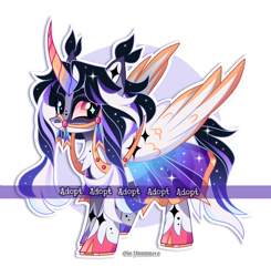Size: 2392x2437 | Tagged: safe, artist:gkolae, imported from derpibooru, oc, oc only, alicorn, pony, abstract background, adoptable, alicorn oc, bridle, horn, solo, tack, unshorn fetlocks, watermark, wings
