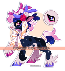 Size: 2095x2267 | Tagged: safe, artist:gkolae, imported from derpibooru, oc, oc only, earth pony, pony, abstract background, adoptable, earth pony oc, flower, flower in hair, raised hoof, rose, solo, watermark