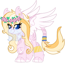 Size: 1280x1248 | Tagged: safe, artist:lupulrafinat, imported from derpibooru, oc, oc only, sphinx, ear fluff, eyelashes, female, floral head wreath, flower, simple background, solo, sphinx oc, transparent background, wings