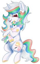 Size: 1039x1657 | Tagged: safe, artist:moonert, imported from derpibooru, princess celestia, oc, alicorn, pony, unicorn, ear fluff, female, horn, hug, mare, plushie, simple background, transparent background, unicorn oc