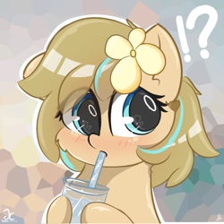 Size: 1500x1500 | Tagged: safe, artist:grithcourage, imported from derpibooru, oc, oc:grith courage, earth pony, pony, adorable face, blurry background, cute, drinking, female, flower, flower in hair, heart eyes, holding, looking at each other, looking at someone, solo, thinking, wingding eyes