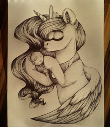 Size: 1668x1920 | Tagged: safe, artist:moonert, imported from derpibooru, princess luna, alicorn, pony, bust, ear fluff, eyes closed, female, hoof hold, inktober, inktober 2018, mare, moon, peytral, solo, tangible heavenly object, traditional art