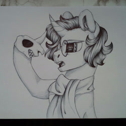 Size: 1920x1920 | Tagged: safe, artist:moonert, imported from derpibooru, oc, oc only, pony, unicorn, bust, clothes, ear fluff, glasses, hoof hold, horn, inktober, inktober 2018, scarf, skull, solo, traditional art, unicorn oc