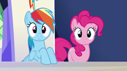 Size: 1280x720 | Tagged: safe, imported from derpibooru, screencap, pinkie pie, rainbow dash, earth pony, pegasus, pony, 28 pranks later, season 6, cute, dashabetes, diapinkes, duo, duo female, female, looking at you, mare, reaction image, staring into your soul