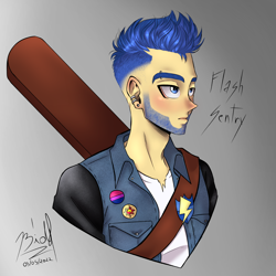 Size: 2500x2500 | Tagged: safe, artist:bidzinha, imported from derpibooru, flash sentry, human, equestria girls, alternate design, alternate hairstyle, clothes, cutie mark on clothes, ear piercing, earring, guitar, jacket, jewelry, male, manga style, musical instrument, older, older flash sentry, piercing, pride, simple background, solo