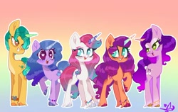 Size: 720x455 | Tagged: safe, artist:daydreamsunset23, imported from derpibooru, hitch trailblazer, izzy moonbow, pipp petals, sunny starscout, zipp storm, earth pony, pegasus, pony, unicorn, bracelet, colored hooves, colored horn, cute, female, g5, grin, group, happy, heart eyes, horn, izzybetes, jewelry, looking at each other, looking at someone, male, mane five (g5), mare, multicolored horn, my little pony: a new generation, open mouth, open smile, rainbow background, raised hoof, signature, smiling, stallion, unshorn fetlocks, wingding eyes