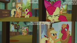 Size: 1280x720 | Tagged: safe, edit, edited screencap, editor:quoterific, imported from derpibooru, screencap, apple bloom, applejack, big macintosh, earth pony, pony, brotherhooves social, season 5, apple bloom's bow, applejack's hat, bow, cowboy hat, eyebrows, eyes closed, female, filly, foal, frown, hair bow, hat, looking at each other, looking at someone, male, mare, nose in the air, open mouth, raised hoof, stallion, text, trio, volumetric mouth