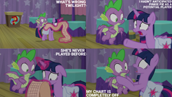 Size: 1280x720 | Tagged: safe, edit, edited screencap, editor:quoterific, imported from derpibooru, screencap, spike, twilight sparkle, alicorn, dragon, pony, a trivial pursuit, season 9, spoiler:s09, bag, duo, female, freakout, implied pinkie pie, magic, male, mare, open mouth, saddle bag, shrunken pupils, telekinesis, text, twilight sparkle (alicorn), twilighting, winged spike, wings