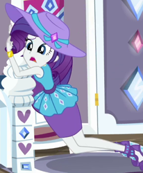 Size: 384x466 | Tagged: safe, imported from derpibooru, screencap, rarity, human, camping must-haves, equestria girls, spoiler:eqg series (season 2), bracelet, clothes, cropped, hat, high heels, jewelry, pencil skirt, poudy face, rarity peplum dress, shoes, skirt, sleeveless, solo, sun hat