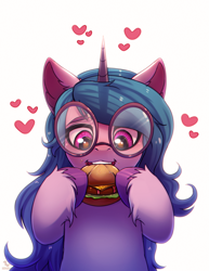 Size: 1850x2400 | Tagged: safe, artist:dinoalpaka, imported from derpibooru, izzy moonbow, pony, unicorn, blushing, burger, ear fluff, eating, female, food, g5, glasses, hamburger, heart, mare, meat, ponies eating meat, simple background, solo, unshorn fetlocks, white background