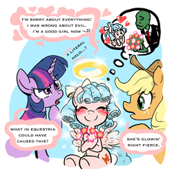 Size: 2076x2084 | Tagged: safe, artist:anonymous, imported from derpibooru, applejack, cozy glow, twilight sparkle, oc, oc:anon, alicorn, earth pony, human, pegasus, pony, a better ending for cozy, applejack's hat, blushing, bouquet, cowboy hat, cozybetes, cute, dialogue, eyes closed, female, filly, flower, foal, good end, halo, happy, hat, heart, hoof hold, hoof on chin, human male, male, mare, open mouth, raised hoof, sitting, smiling, speech bubble, spread wings, talking, thought bubble, tilde, twilight sparkle (alicorn), wings