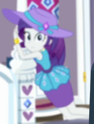 Size: 320x418 | Tagged: safe, imported from derpibooru, screencap, rarity, human, camping must-haves, equestria girls, spoiler:eqg series (season 2), blurry, cropped, hat, rarity peplum dress, solo