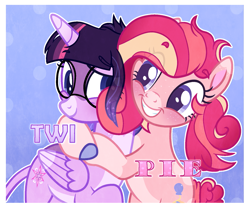 Size: 1697x1411 | Tagged: safe, artist:thatonefluffs, imported from derpibooru, pinkie pie, twilight sparkle, alicorn, earth pony, the summer sun setback, blushing, eyebrows, female, freckles, glasses, hug, lesbian, redesign, shipping, smiling, twilight sparkle (alicorn), twinkie