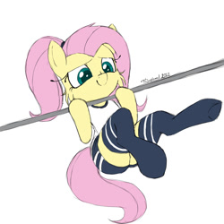 Size: 1080x1080 | Tagged: safe, artist:fajnyziomal, imported from derpibooru, fluttershy, pegasus, pony, butt, cheek fluff, clothes, commission, gym, gym shorts, plot, ponytail, pullup, school uniform, simple background, socks, solo, white background, workout, your character here