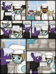 Size: 1750x2333 | Tagged: safe, artist:99999999000, imported from derpibooru, oc, oc only, oc:chen lifan, oc:firearm king, earth pony, pony, comic:journey, chef, chef's hat, clothes, comic, cook, dishes, door, female, hat, kitchen, male, plate, spoon, window