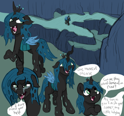 Size: 3203x2985 | Tagged: safe, artist:doodledonutart, imported from derpibooru, queen chrysalis, changeling, crying, cute, cutealis, fangs, looking back, multeity, palindrome get, speech bubble, younger