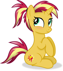 Size: 3410x3894 | Tagged: safe, artist:anime-equestria, imported from derpibooru, sunset shimmer, pony, unicorn, equestria girls, :3, alternate hairstyle, blushing, cute, female, horn, mare, ponytail, shimmerbetes, simple background, sitting, smiling, solo, transparent background, vector