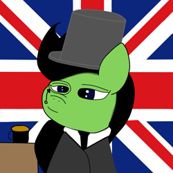 Size: 2000x2000 | Tagged: safe, artist:houndy, imported from derpibooru, oc, oc only, oc:mosskin, earth pony, pony, black mane, blue eyes, clothes, fancy, flag, green fur, looking at you, nation ponies, ponified, smiling, smiling at you, united kingdom