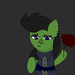 Size: 2000x2000 | Tagged: safe, artist:houndy, imported from derpibooru, oc, oc only, oc:mosskin, earth pony, pony, black background, black mane, clothes, dress, ear piercing, edgy, flower, goth, makeup, piercing, rose, simple background, smiling, solo