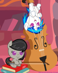 Size: 1920x2392 | Tagged: safe, artist:beavernator, edit, imported from derpibooru, dj pon-3, octavia melody, vinyl scratch, earth pony, pony, unicorn, baby, baby pony, bow (instrument), cello, cello bow, cropped, cute, duo, female, filly, foal, musical instrument, open mouth, open smile, smiling, tavibetes, vinylbetes