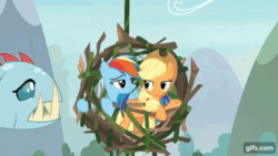 Size: 640x360 | Tagged: safe, imported from derpibooru, screencap, applejack, ocellus, rainbow dash, biteacuda, changeling, earth pony, fish, pegasus, pony, non-compete clause, season 8, spoiler:s08, animated, applejack's hat, cowboy hat, disguise, disguised changeling, female, flying, gif, gifs.com, hat, mare, nose in the air, open mouth, piranha, trio
