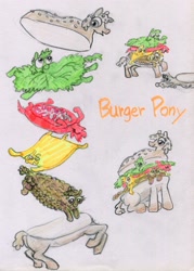 Size: 2063x2877 | Tagged: safe, artist:ja0822ck, imported from derpibooru, oc, food pony, original species, pony, burger, butt, cheese, food, ham, hamburger, meat, not salmon, plot, ponified, salad, tomato, traditional art, wat