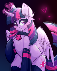 Size: 1447x1811 | Tagged: safe, artist:rico_chan, imported from derpibooru, twilight sparkle, alicorn, pony, bell, bell collar, cat bell, clothes, collar, ear fluff, eye clipping through hair, eyebrows, eyebrows visible through hair, female, floating heart, g4, glowing, glowing horn, gradient background, grin, heart, heart eyes, horn, looking at you, magic, magic aura, mare, partially open wings, signature, sitting, sketch, smiling, smiling at you, solo, stockings, thigh highs, twilight sparkle (alicorn), wingding eyes, wings
