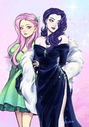 Size: 735x1053 | Tagged: safe, artist:sasha. a__, imported from derpibooru, fluttershy, rarity, human, alternate hairstyle, clothes, dress, duo, ear piercing, earring, evening gloves, eyeshadow, female, flarity, fur coat, gloves, grin, hair over one eye, humanized, jewelry, lesbian, lipstick, long gloves, makeup, necklace, one eye closed, piercing, shipping, smiling, wink