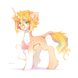 Size: 2200x2200 | Tagged: safe, artist:zlatavector, imported from derpibooru, oc, oc only, classical unicorn, pony, unicorn, bald face, blaze (coat marking), blonde mane, blonde tail, body markings, chest fluff, cloven hooves, coat markings, colored ear fluff, colored eyebrows, colored eyelashes, curved horn, ear fluff, eye clipping through hair, eyebrows, eyebrows visible through hair, facial markings, fluffy, full body, green eyes, hair over one eye, hock fluff, horn, leg fluff, leonine tail, long horn, looking at you, male, pale belly, raffle prize, raised hoof, simple background, sketch, smiling, smiling at you, socks (coat markings), solo, stallion, standing, star mark, tail, unshorn fetlocks, white background