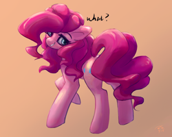 Size: 1782x1425 | Tagged: safe, artist:rainsketch, imported from derpibooru, pinkie pie, earth pony, pony, brown background, female, looking at you, looking back, looking back at you, mare, simple background, solo