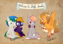 Size: 1920x1358 | Tagged: safe, artist:alexdti, artist:artharuhi, imported from derpibooru, oc, oc only, oc:cookie malou, oc:purple creativity, oc:star logic, pegasus, pony, unicorn, eponafest, female, italy, male, mare, stallion