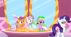 Size: 1690x876 | Tagged: safe, artist:swiftgaiathebrony, edit, edited screencap, imported from derpibooru, screencap, rarity, scootaloo, spike, sweetie belle, earth pony, pegasus, pony, unicorn, make new friends but keep discord, clothes, dress, gala dress, glasses, ponified, ponified spike, species swap