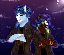 Size: 4096x3543 | Tagged: safe, artist:inisealga, imported from derpibooru, oc, oc only, oc:cherry fuse, oc:soaring spirit, anthro, clothes, cloud, coat, coat markings, crossed arms, cyberpunk, duo, facial markings, female, glasses, male, mare, multicolored hair, multicolored mane, sky, socks (coat markings), stallion, tongue out