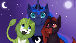 Size: 1080x613 | Tagged: safe, imported from derpibooru, princess luna, oc, bat pony, hybrid, lion, pony, artwork, facial hair, hug, lion pony, moon, music, stars, youtube