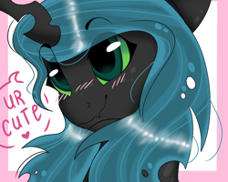 Size: 2500x2000 | Tagged: safe, artist:valkiria, imported from derpibooru, queen chrysalis, changeling, changeling queen, blushing, bust, cute, cutealis, daaaaaaaaaaaw, eye clipping through hair, eyebrows, eyebrows visible through hair, female, heart, high res, simple background, smiling, solo, speech bubble, talking, talking to viewer