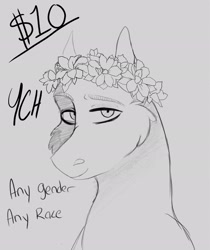 Size: 1723x2048 | Tagged: safe, artist:inisealga, imported from derpibooru, commission, flower, flower in hair, gray background, grayscale, monochrome, simple background, ych example, ych sketch, your character here