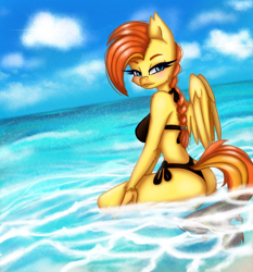 Size: 1080x1160 | Tagged: safe, artist:agleo, imported from derpibooru, oc, oc only, oc:goldenflow, anthro, classical hippogriff, hippogriff, ass, beach, bikini, blushing, braid, butt, clothes, detailed background, female, hair tie, implied tail hole, kneeling, looking at you, solo, swimsuit, tail, water, wings